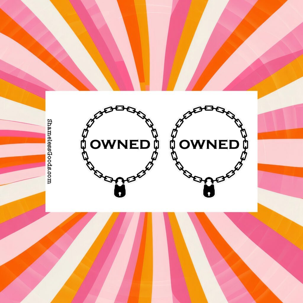 Sticker sheet on a wooden surface beside a black pen, featuring two identical circular chain designs with padlocks at the bottom and the word OWNED in bold black letters inside each circle. Vertical branding text on the left reads ShamelessGoods.com.