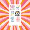 Sticker sheet featuring colorful profanity designs including rainbows, unicorns, daisies, and bold red text.