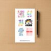 Sticker sheet featuring colorful profanity designs including rainbows, unicorns, daisies, and bold red text.