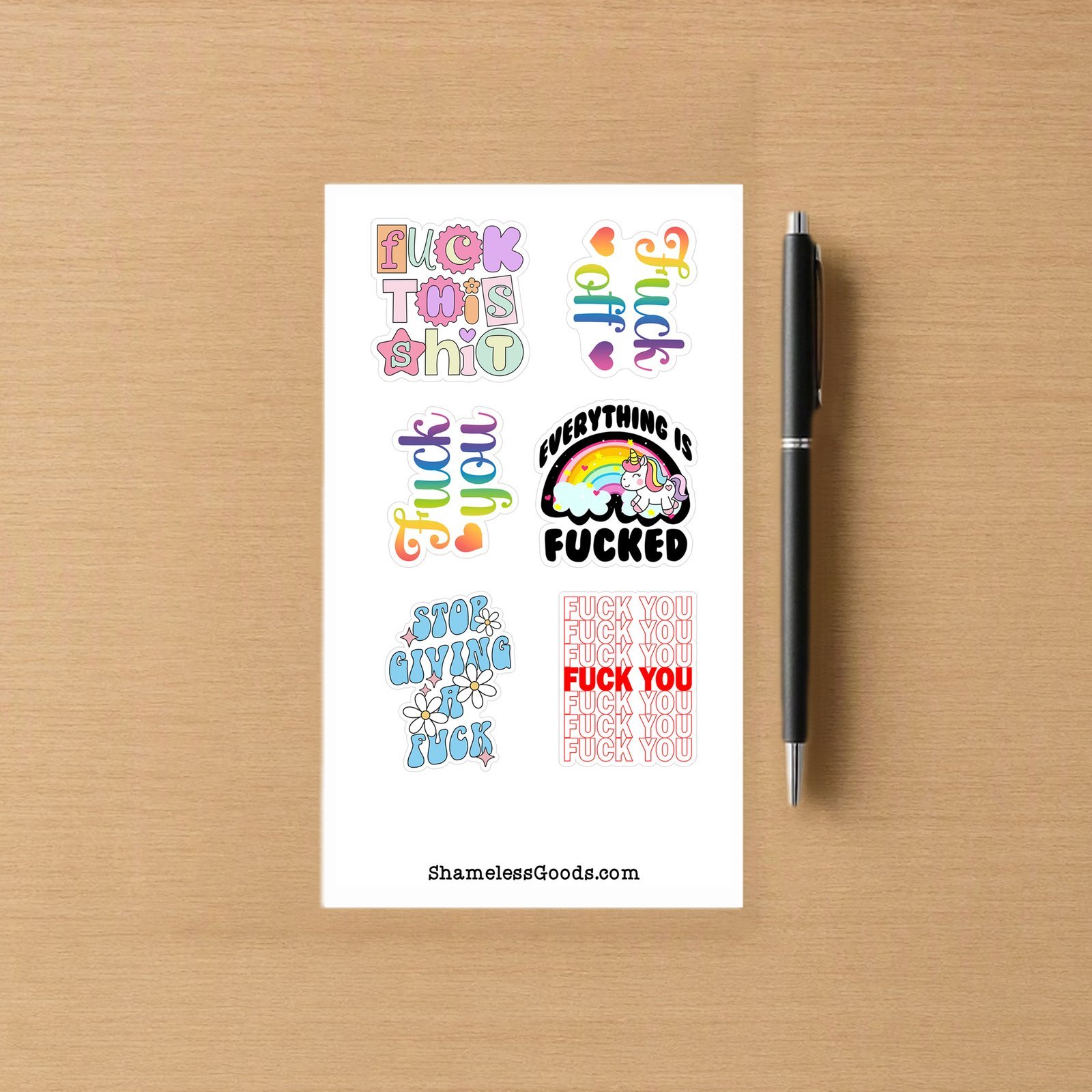 Sticker sheet featuring colorful profanity designs including rainbows, unicorns, daisies, and bold red text.