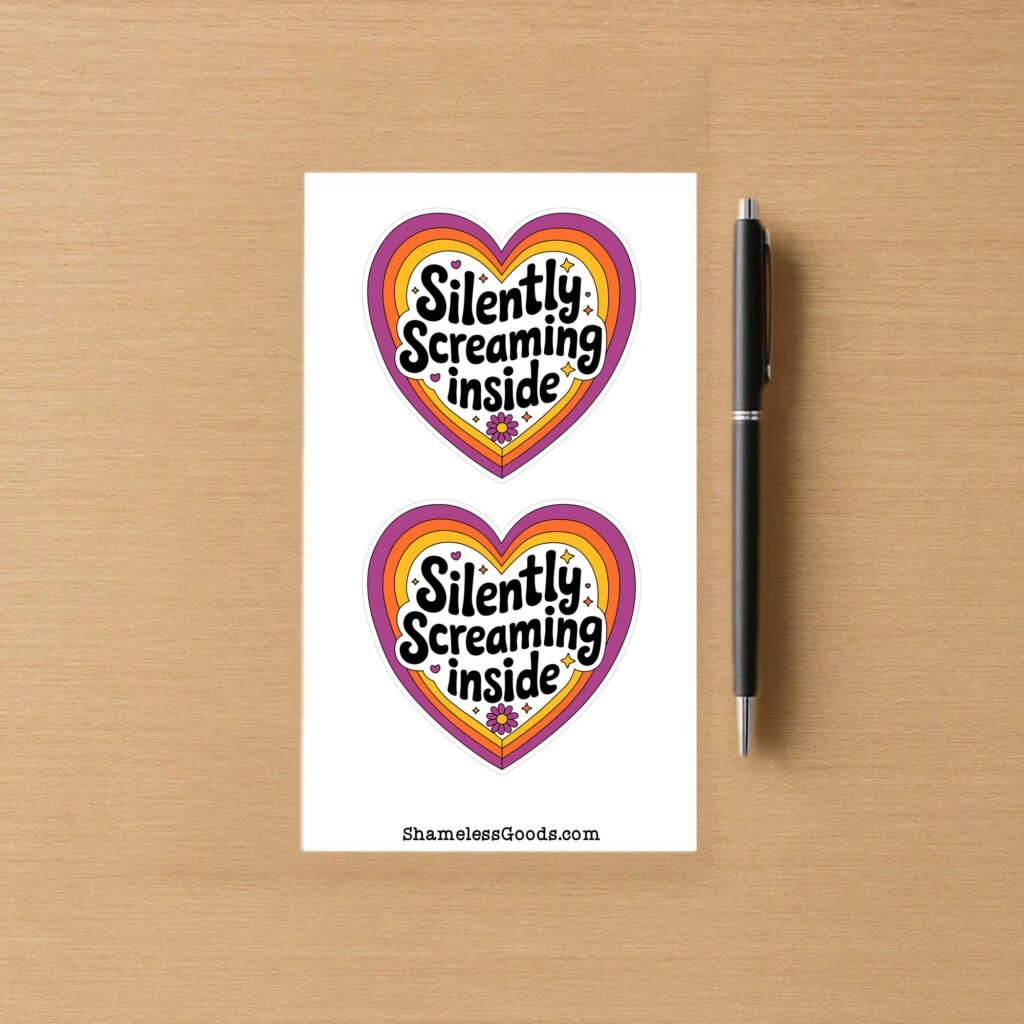 Sticker sheet with two heart‑shaped designs featuring colorful retro outlines in pink, orange, and yellow with the text Silently Screaming inside.