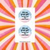 Sticker sheet with two round designs showing a watercolor American flag background and the text Are We Great Yet Because I just feel embarrassed.