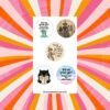 Sticker sheet with five dark humor designs including a sarcastic witch, grumpy cat, Liberty figure, tired character, and a subtle political Are We Great Yet design.