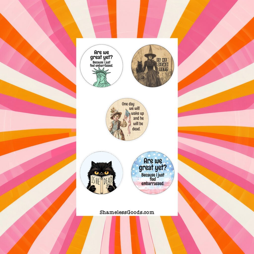 Sticker sheet with five dark humor designs including a sarcastic witch, grumpy cat, Liberty figure, tired character, and a subtle political Are We Great Yet design.