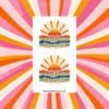 Sticker sheet with two colorful designs showing a retro sunburst over ocean waves and the text Please Don’t Talk To Me.