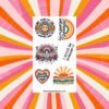 Sticker sheet with six colorful designs including a smiling sun with flowers, retro rainbow Spread Negativity, floral rainbow Bad Vibes Only, vertical I could be meaner text, heart Silently Screaming inside, and sunburst Please Don’t Talk To Me.
