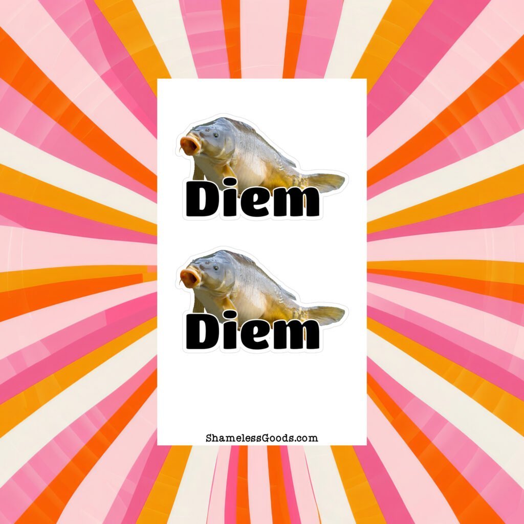 Sticker sheet featuring two large carp fish stickers with the word “Diem” printed across each fish.