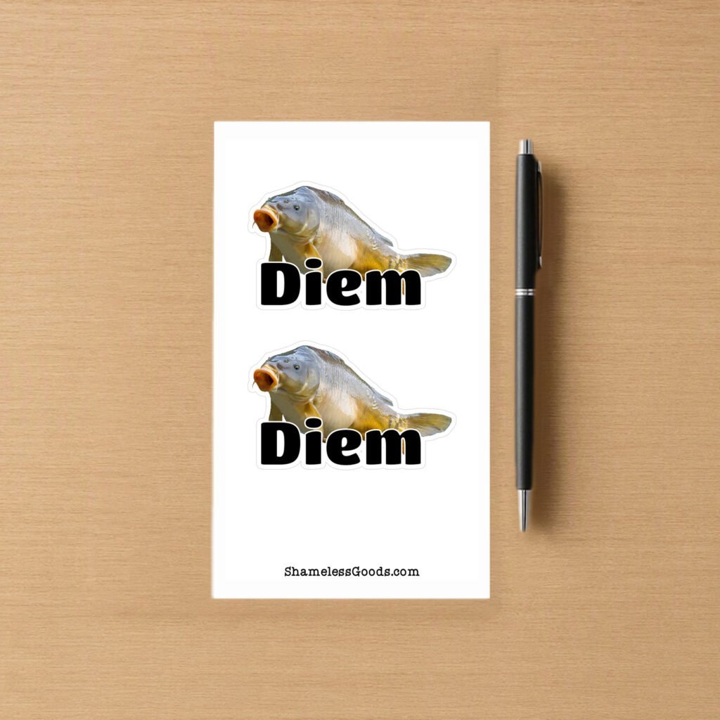 Sticker sheet featuring two large carp fish stickers with the word “Diem” printed across each fish.
